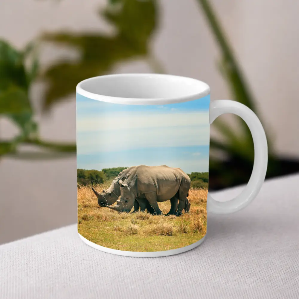 White Rhino Pair Grazing African Savanna – Mugs
