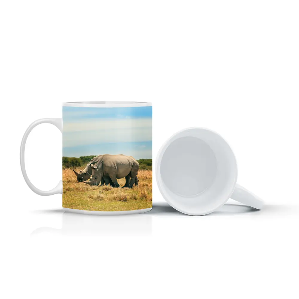 White Rhino Pair Grazing African Savanna – Mugs