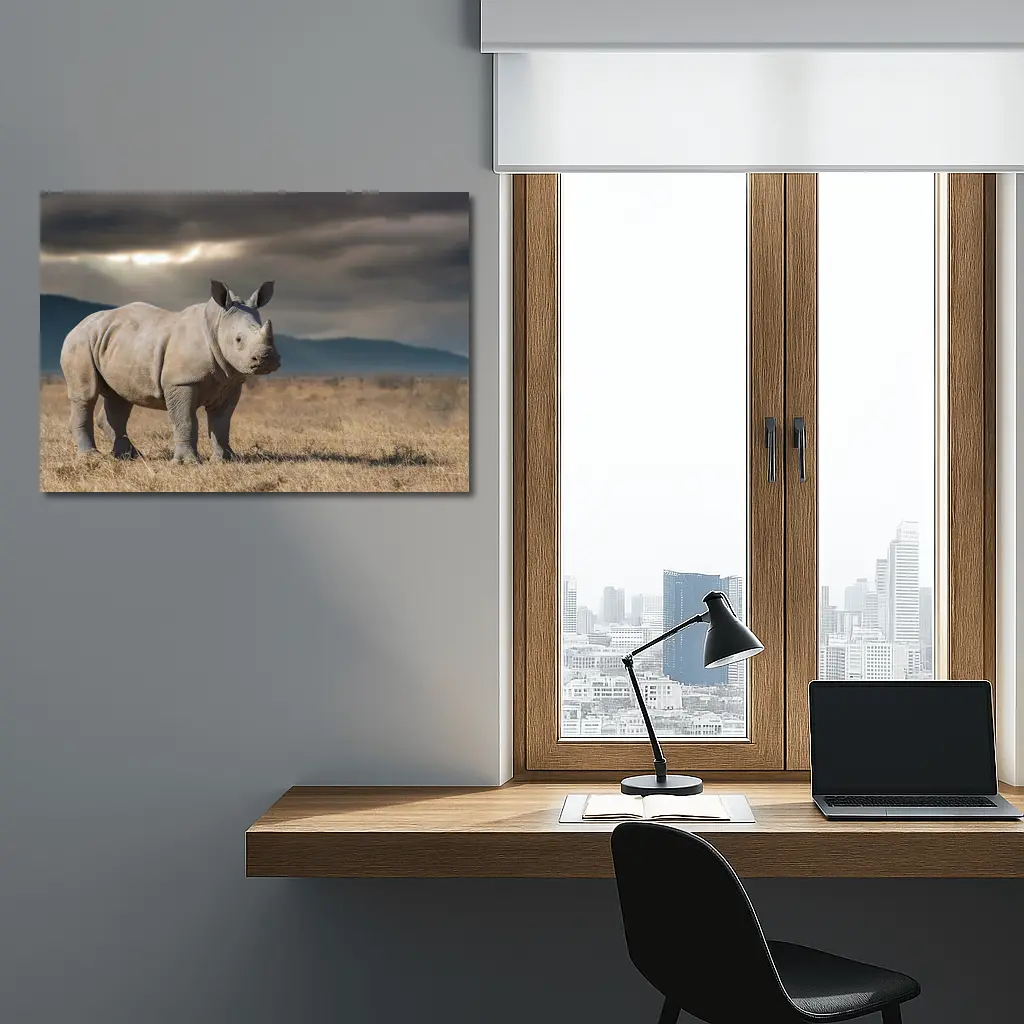 Young White Rhino Standing On African Savanna – Wall Art