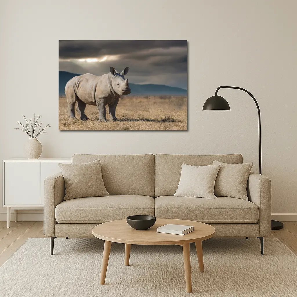 Young White Rhino Standing On African Savanna – Wall Art