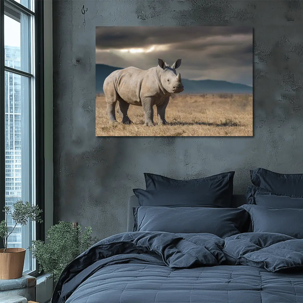 Young White Rhino Standing On African Savanna – Wall Art