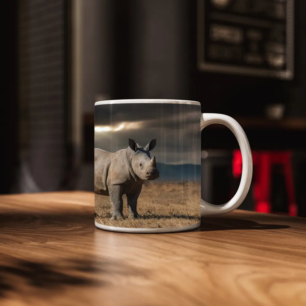 Young White Rhino Standing On African Savanna – Mugs