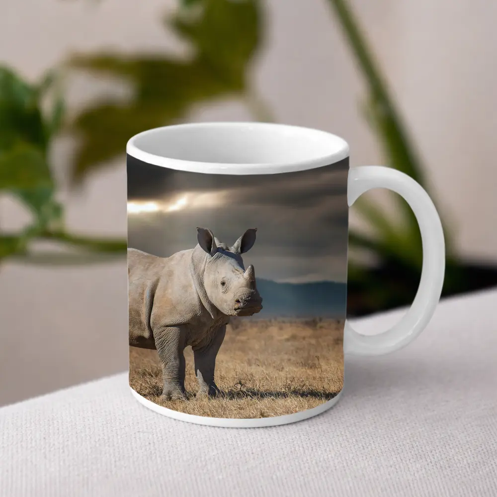 Young White Rhino Standing On African Savanna – Mugs