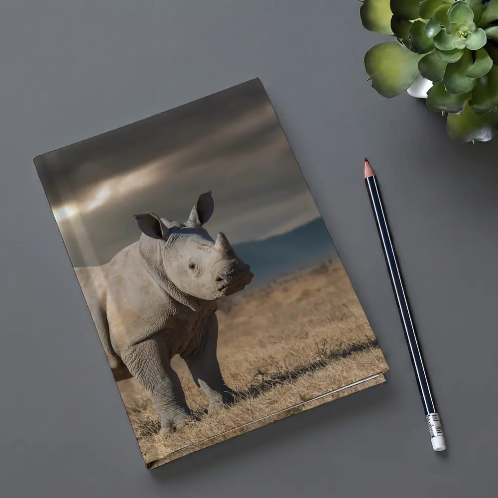 Young White Rhino Standing On African Savanna – Notebooks