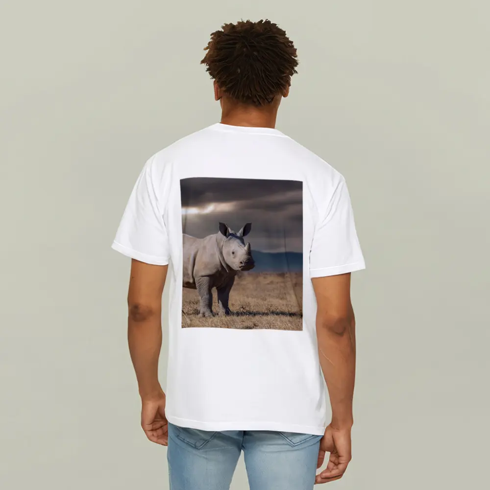 Young White Rhino Standing On African Savanna – T-Shirts