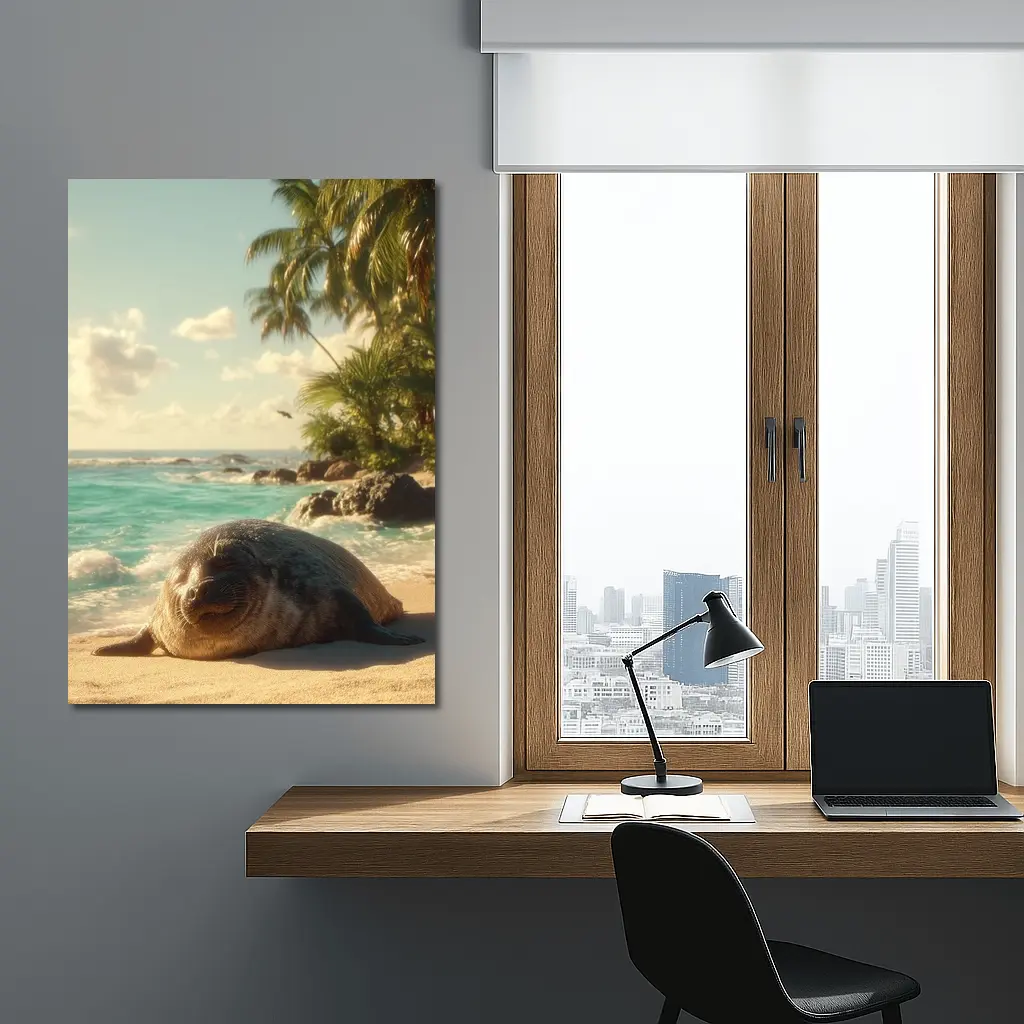 Seal Pup Resting on Tropical Beach Shore – Wall Art