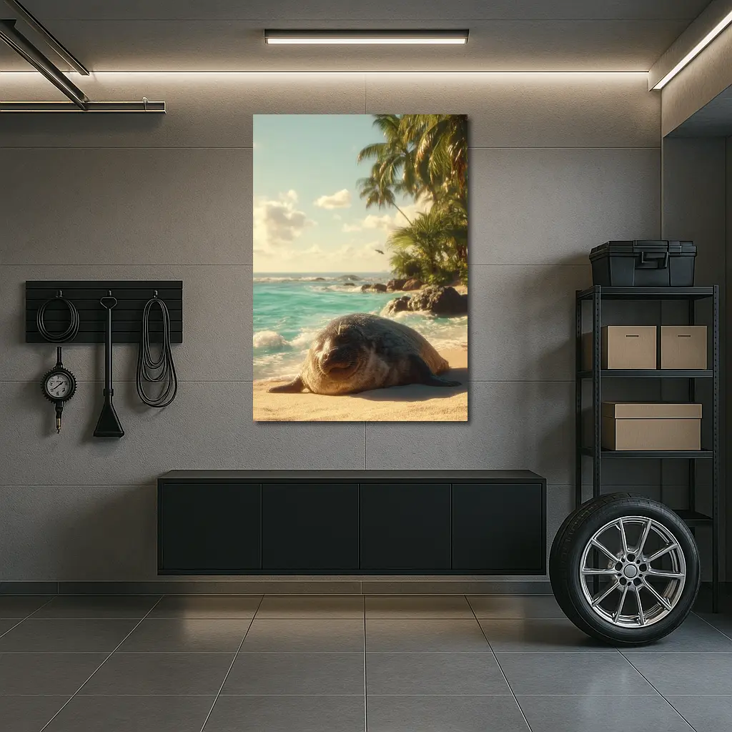Seal Pup Resting on Tropical Beach Shore – Wall Art