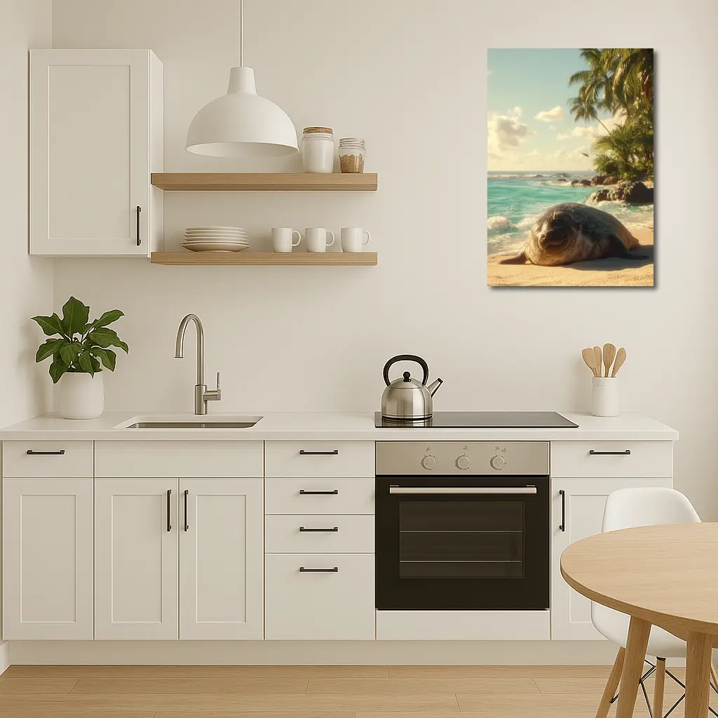 Seal Pup Resting on Tropical Beach Shore – Wall Art