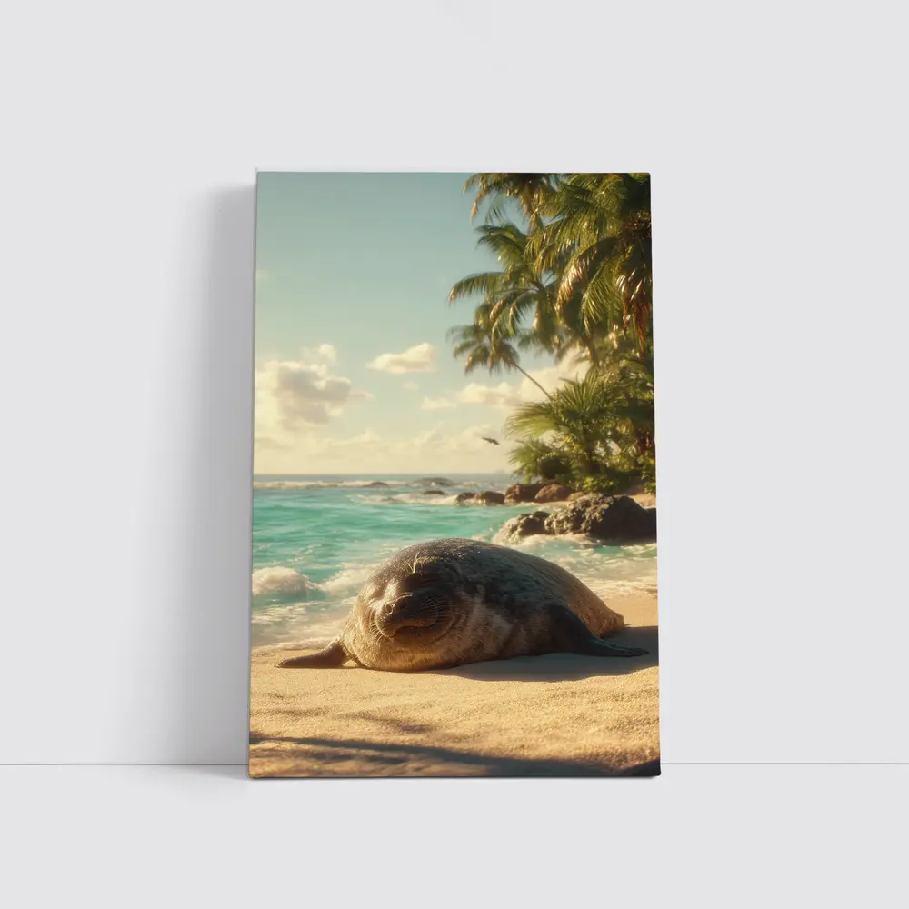 Seal Pup Resting on Tropical Beach Shore – Wall Art