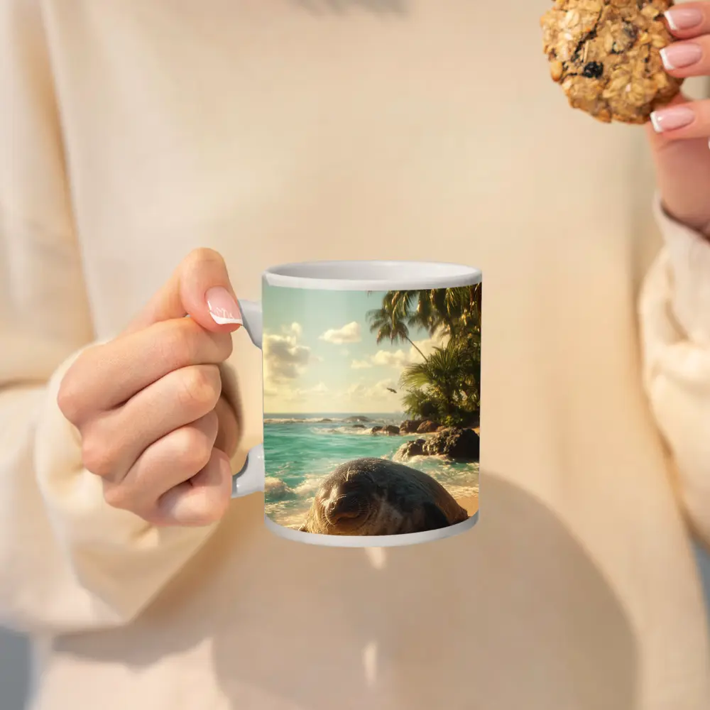Seal Pup Resting on Tropical Beach Shore – Mugs