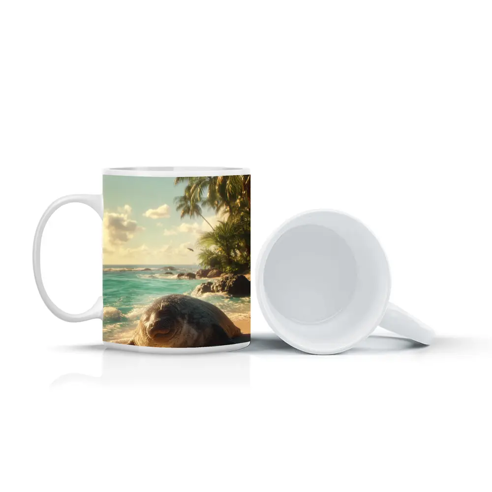 Seal Pup Resting on Tropical Beach Shore – Mugs