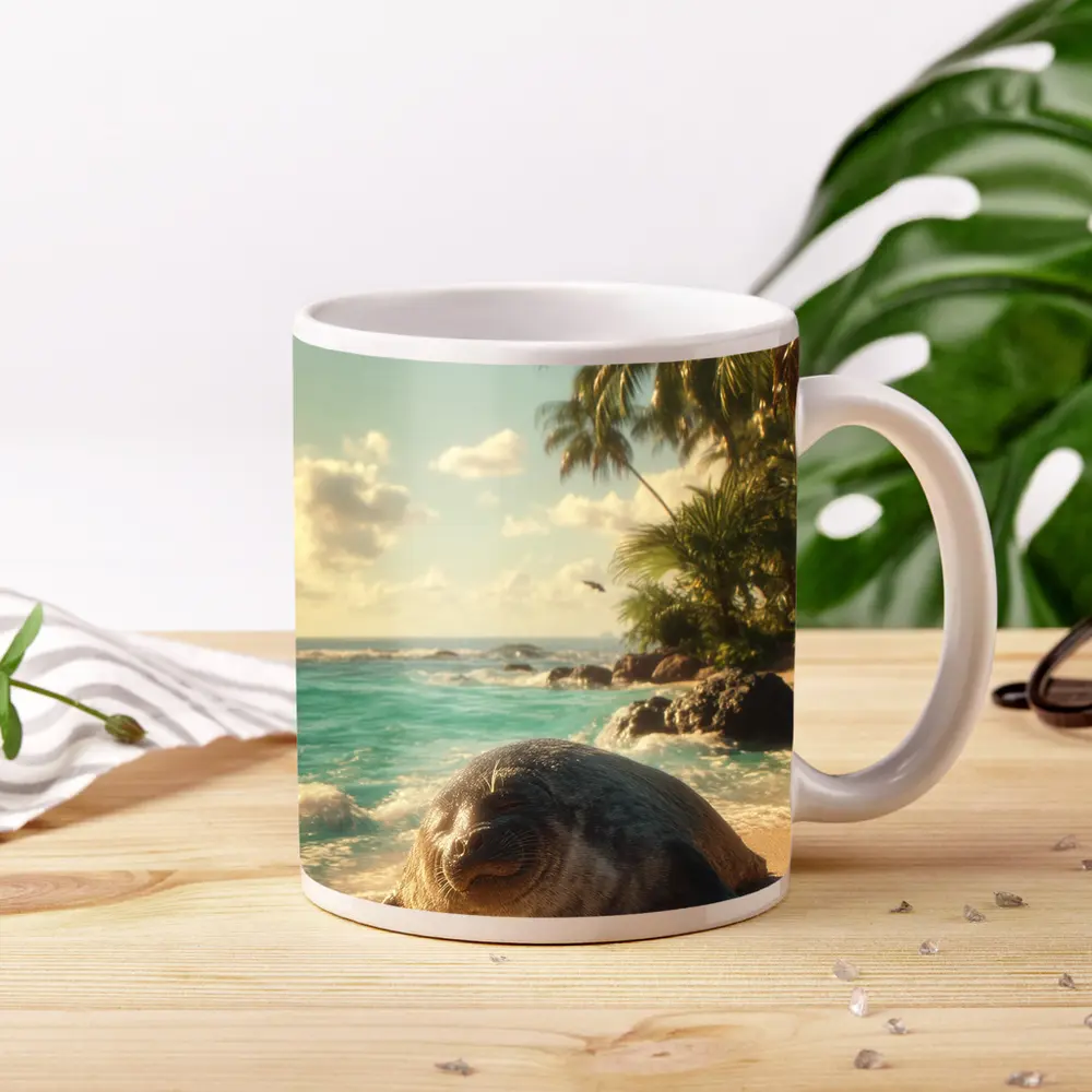 Seal Pup Resting on Tropical Beach Shore – Mugs