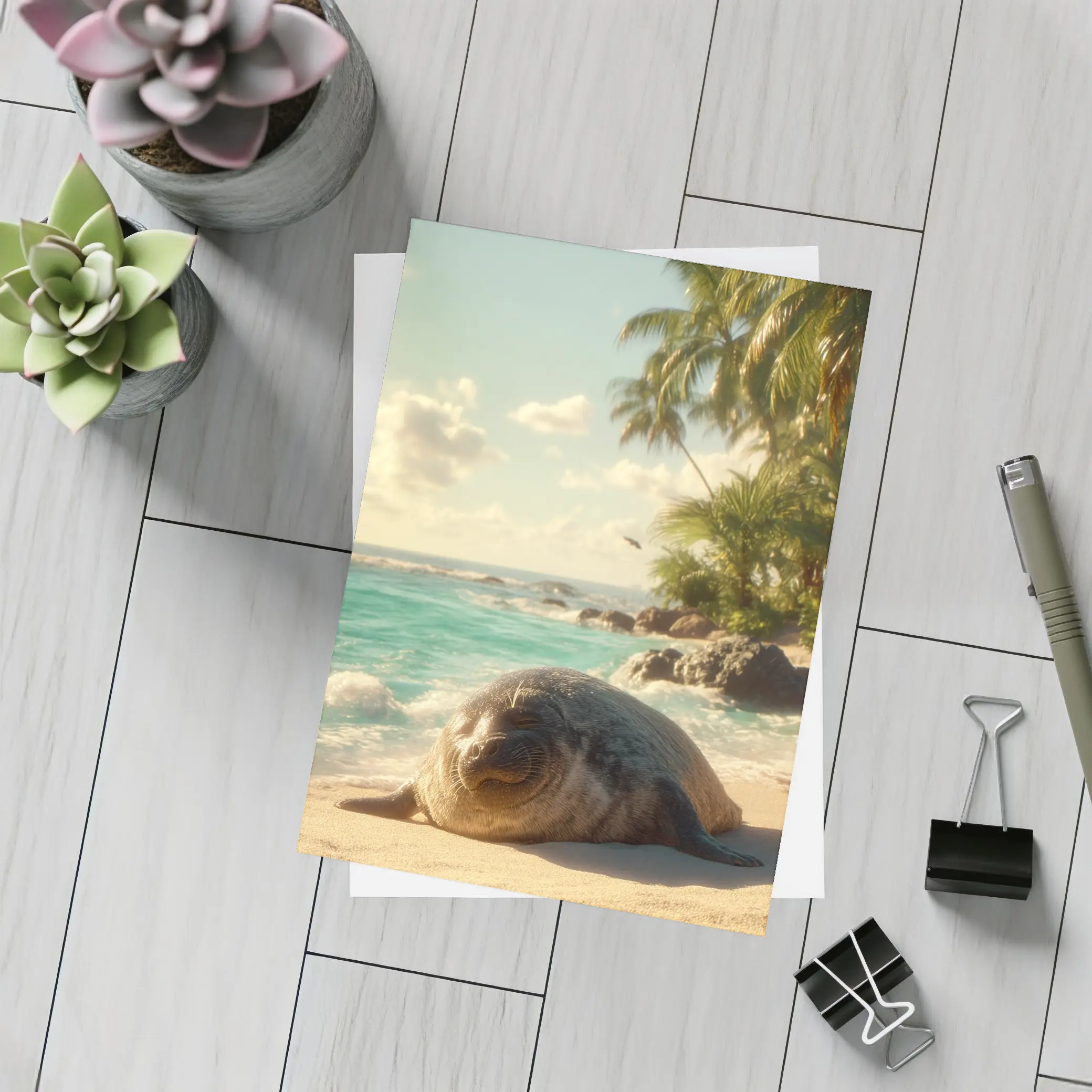 Seal Pup Resting on Tropical Beach Shore – Postcards