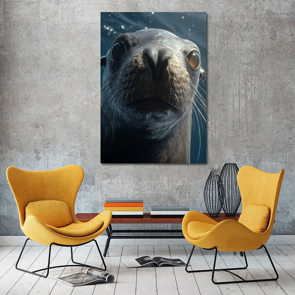Sea Lion Close Up Underwater Blue Background – Wall Art