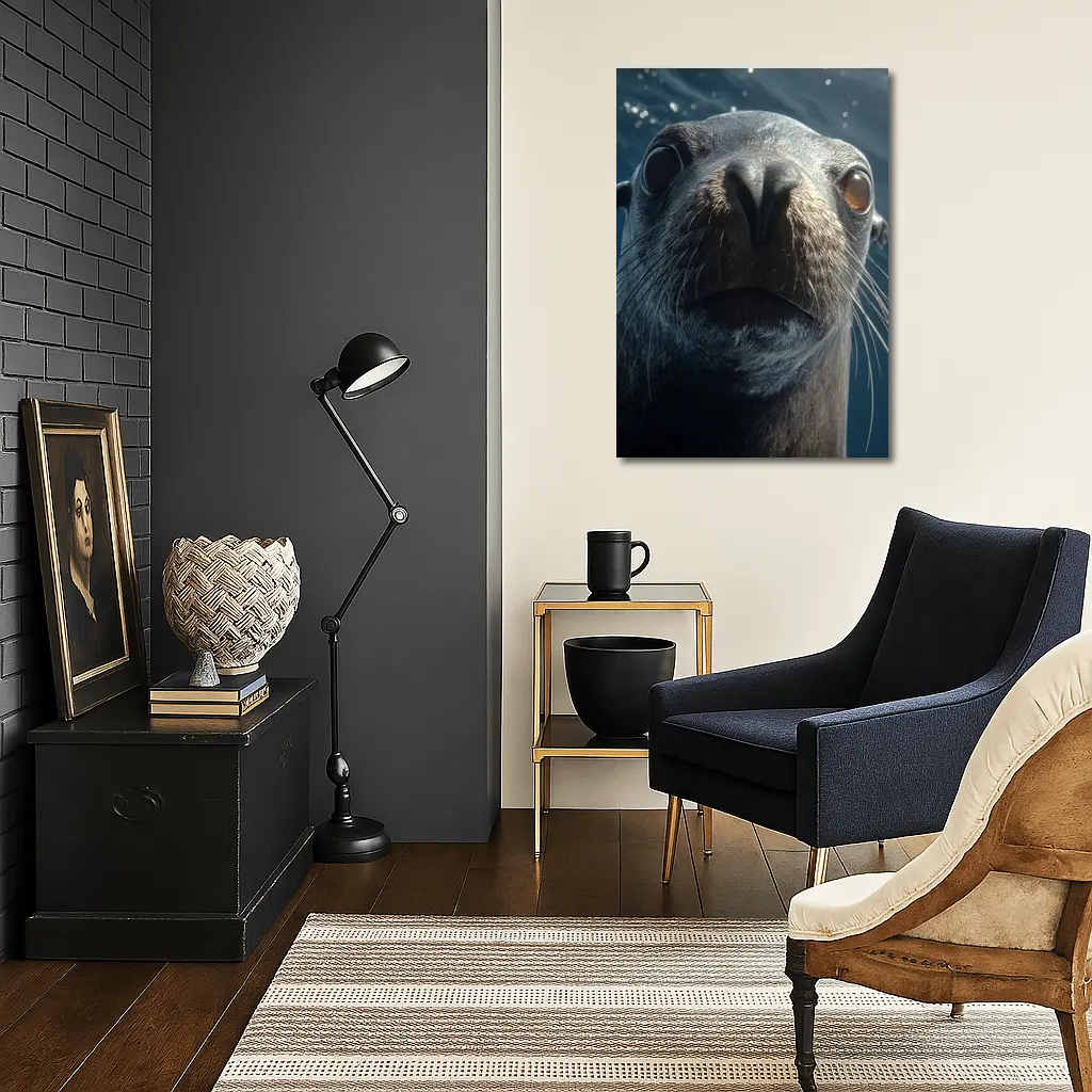 Sea Lion Close Up Underwater Blue Background – Wall Art
