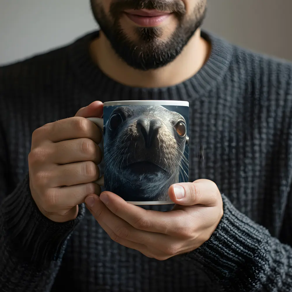 Sea Lion Close Up Underwater Blue Background – Mugs