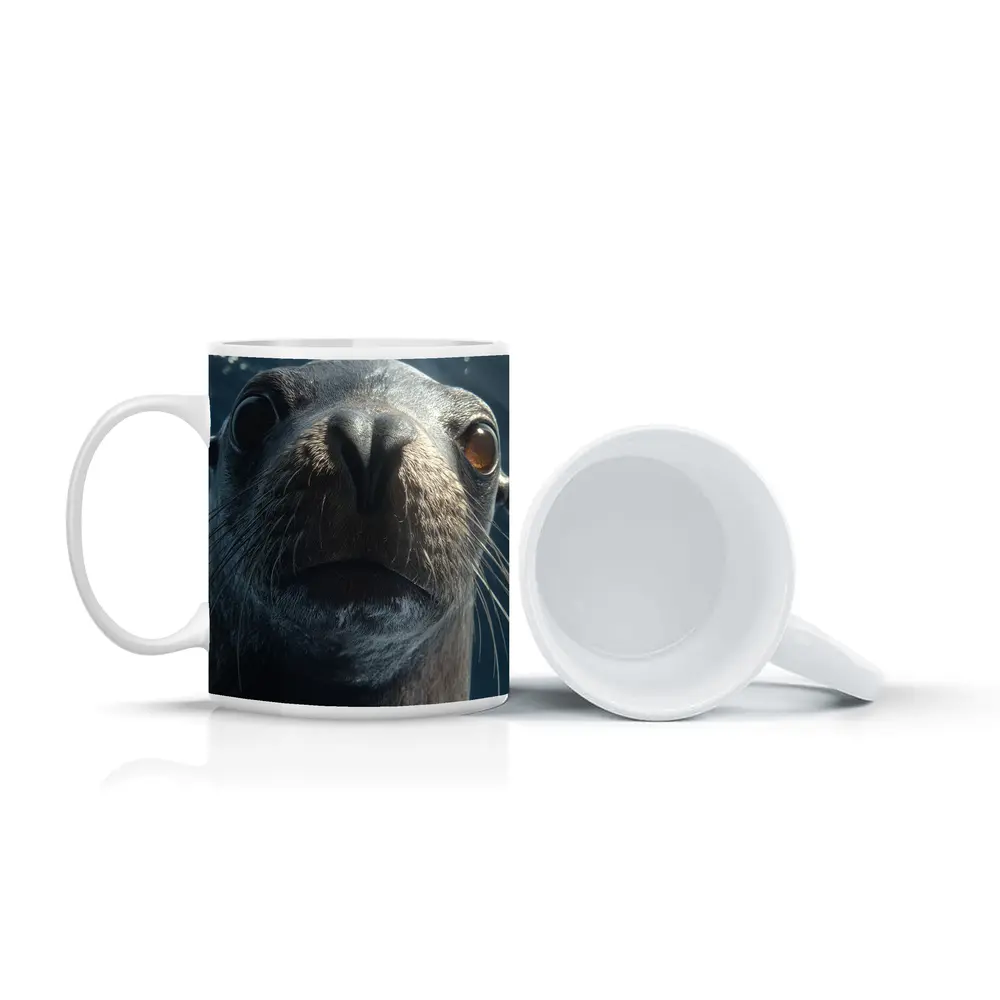 Sea Lion Close Up Underwater Blue Background – Mugs