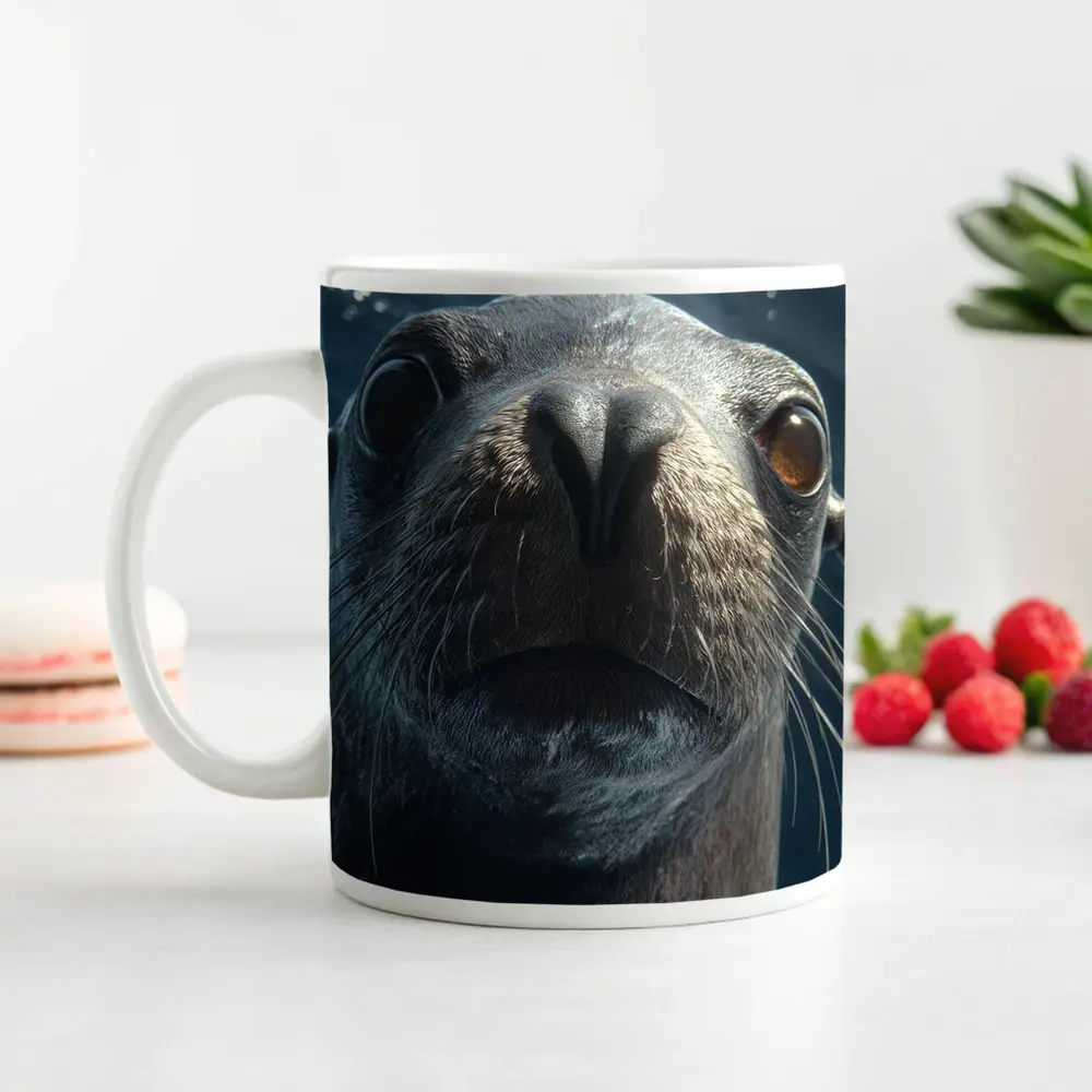 Sea Lion Close Up Underwater Blue Background – Mugs