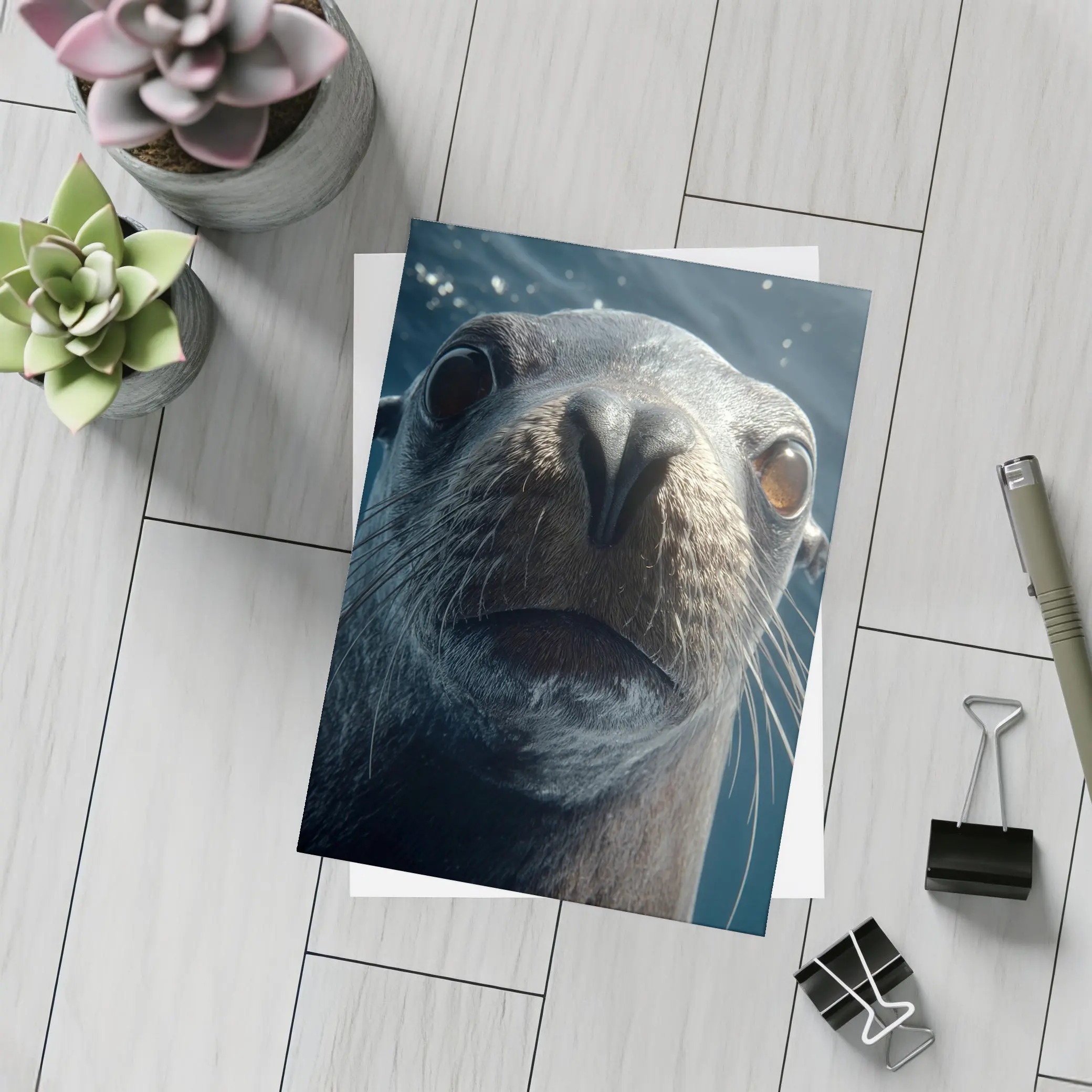 Sea Lion Close Up Underwater Blue Background – Postcards
