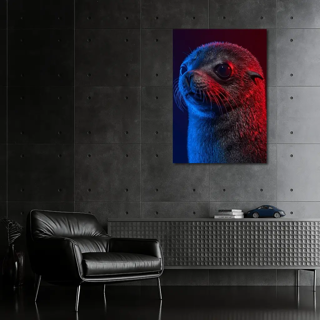 Seal Pup Portrait Blue Red Neon Light – Wall Art