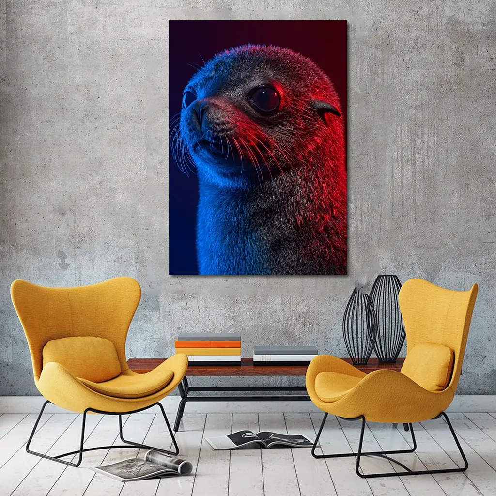 Seal Pup Portrait Blue Red Neon Light – Wall Art