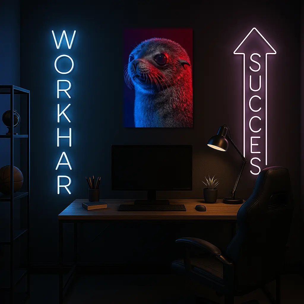 Seal Pup Portrait Blue Red Neon Light – Wall Art