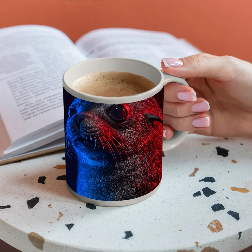 Seal Pup Portrait Blue Red Neon Light – Mugs