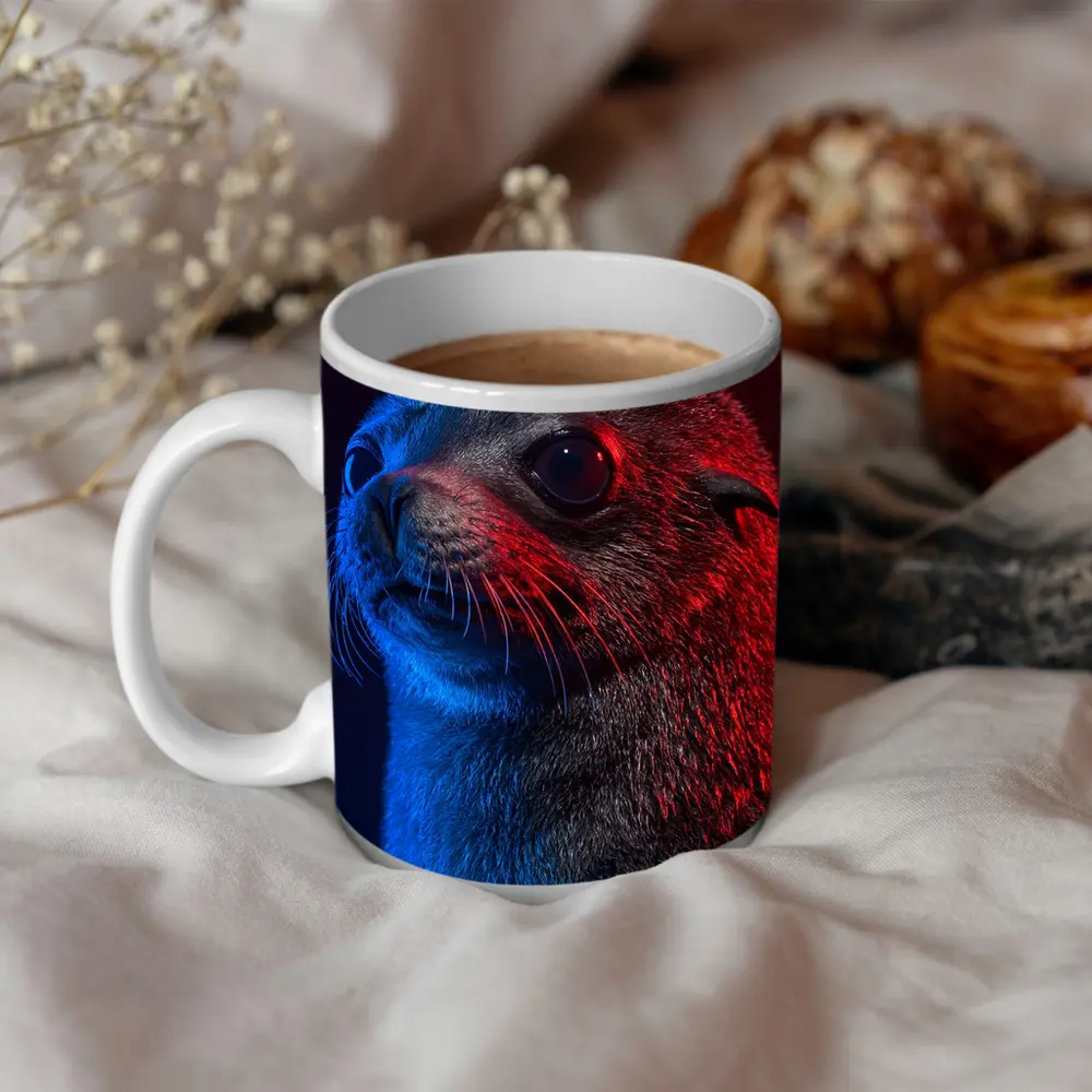 Seal Pup Portrait Blue Red Neon Light – Mugs