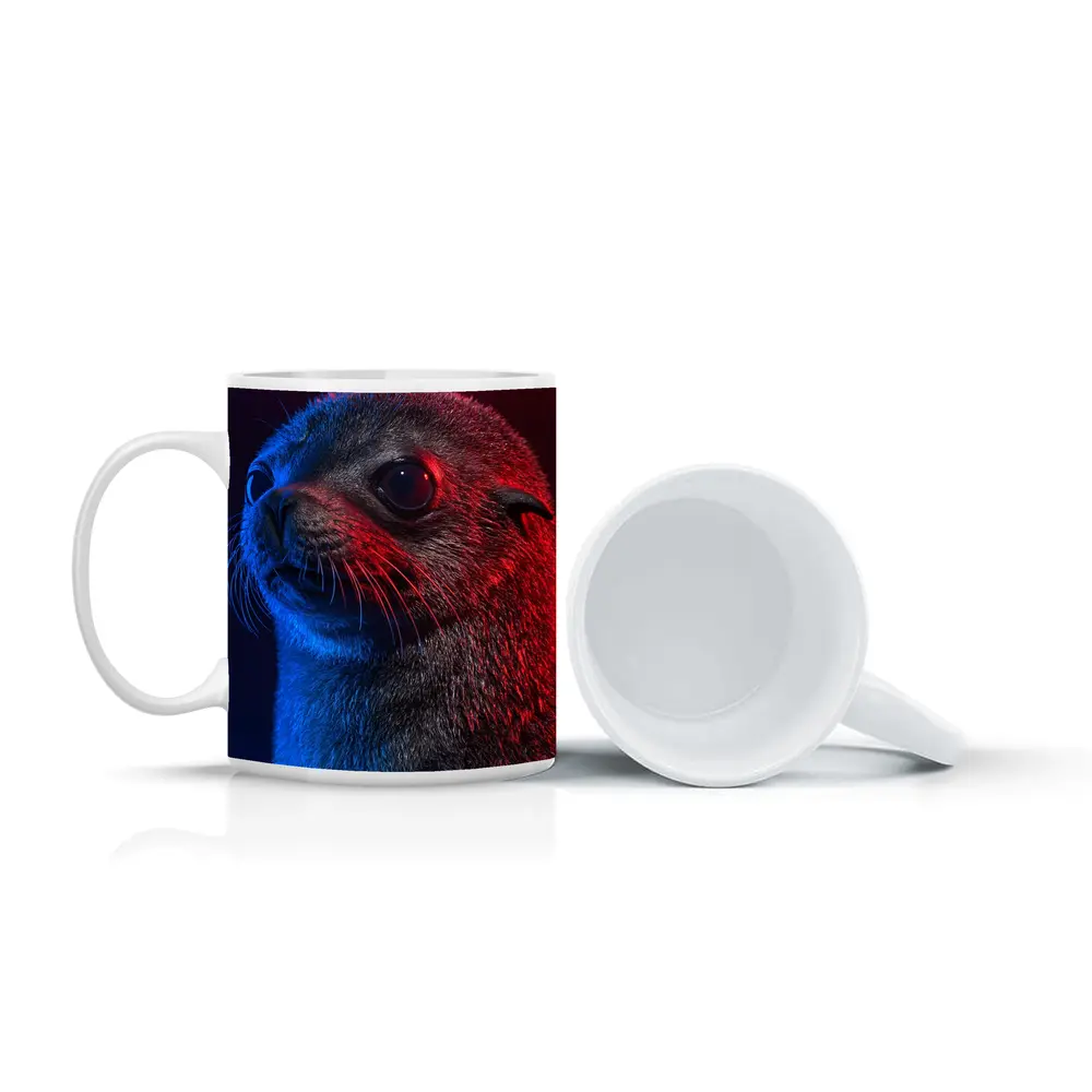 Seal Pup Portrait Blue Red Neon Light – Mugs