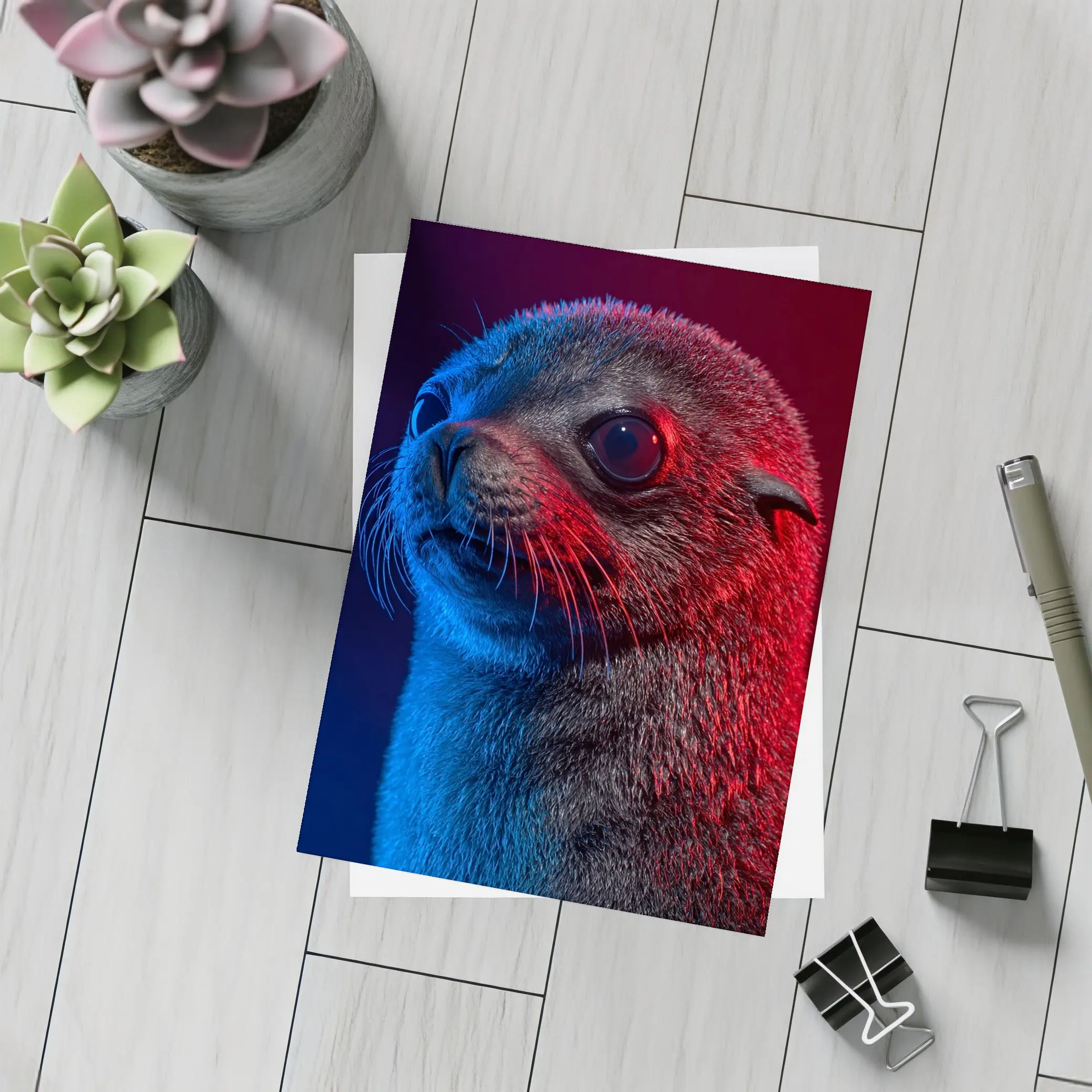 Seal Pup Portrait Blue Red Neon Light – Postcards