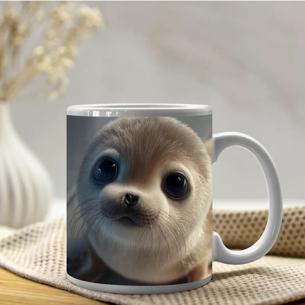 Cute Baby Seal Pup Gray Background – Mugs