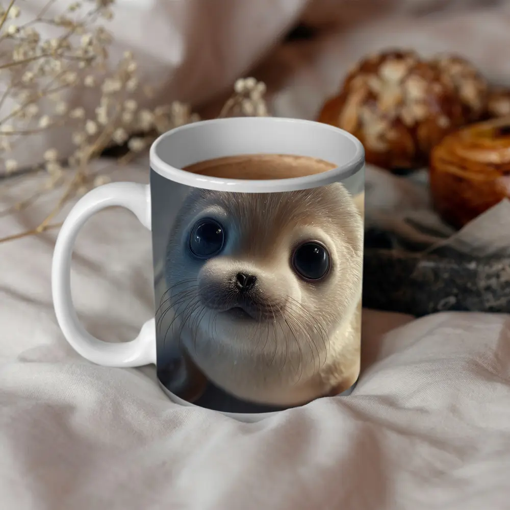 Cute Baby Seal Pup Gray Background – Mugs