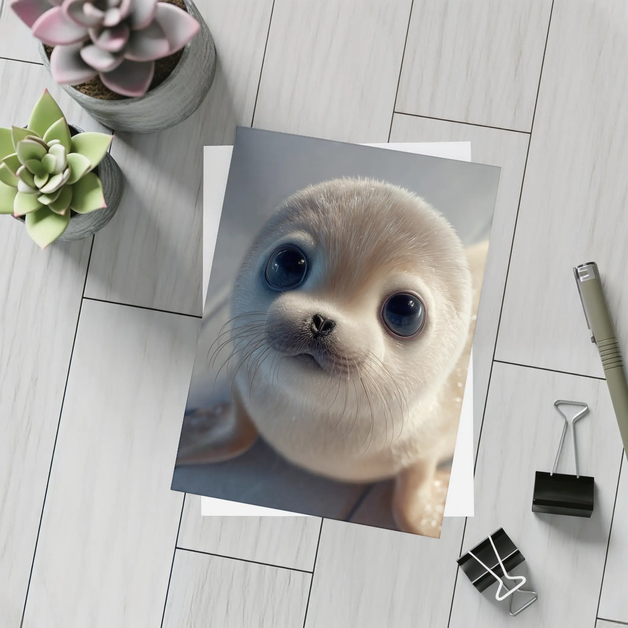 Cute Baby Seal Pup Gray Background – Postcards