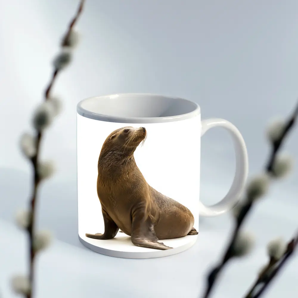 Sea Lion Sitting On White Background – Mugs