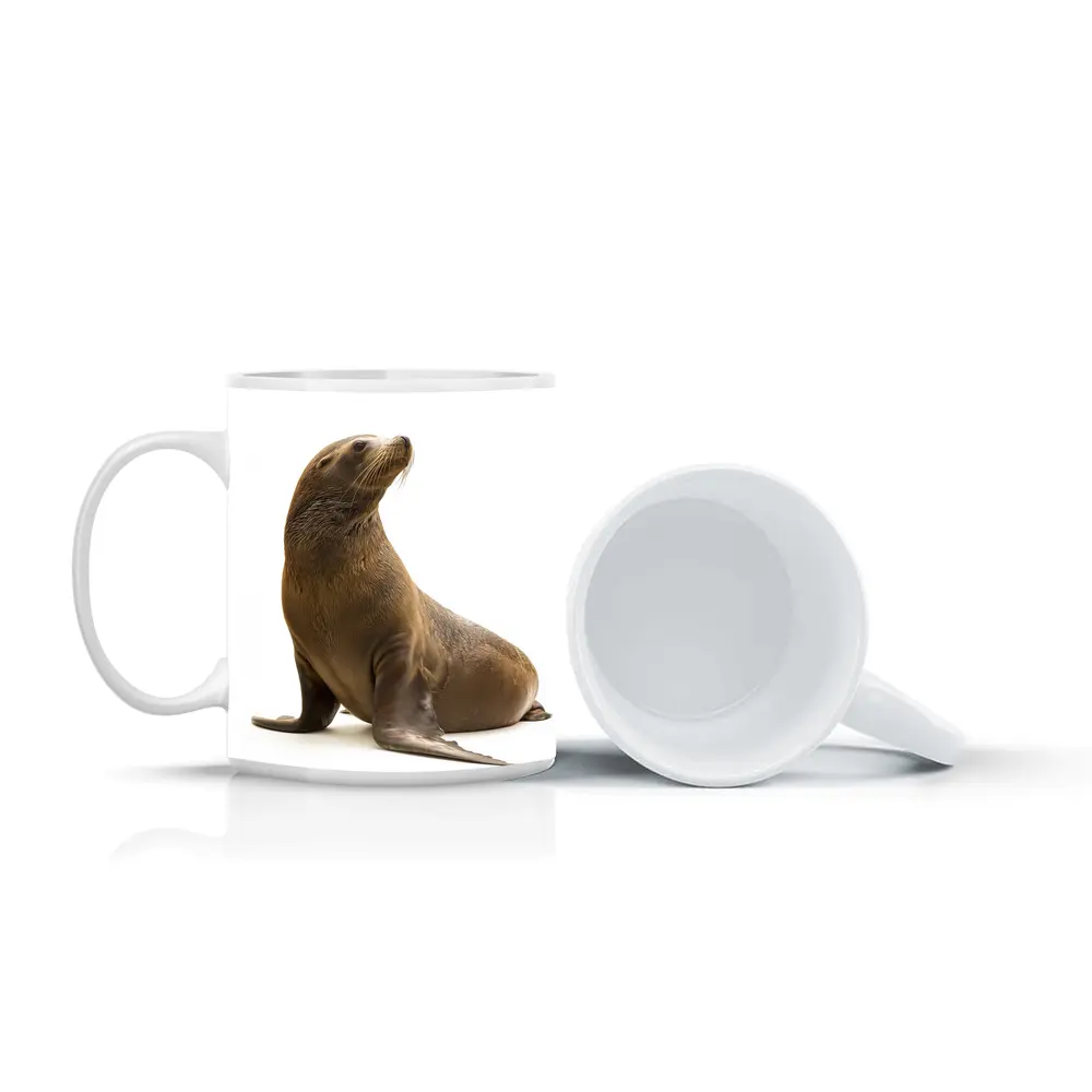 Sea Lion Sitting On White Background – Mugs
