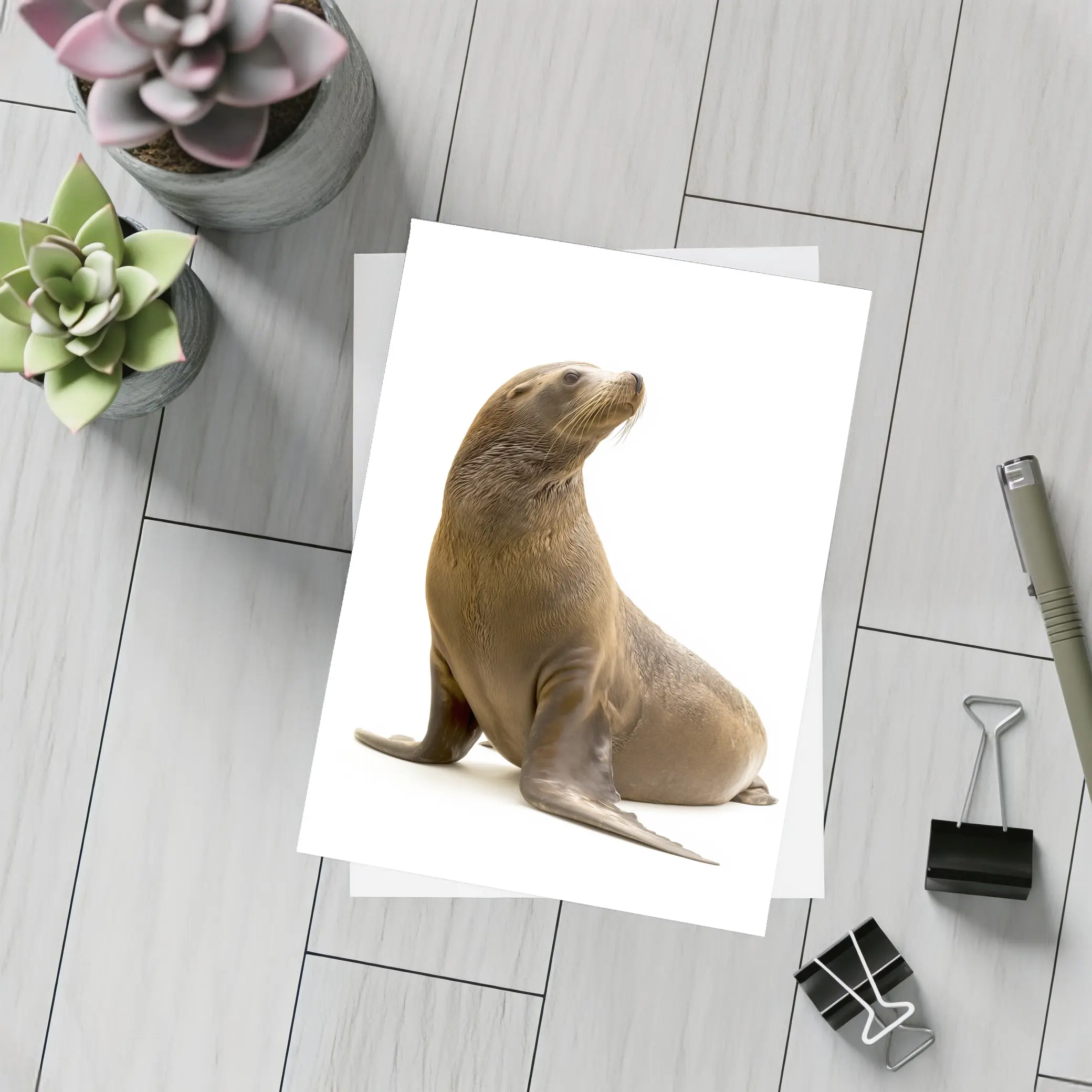 Sea Lion Sitting On White Background – Postcards