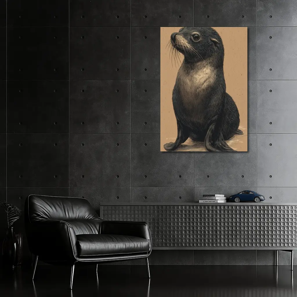 Young Fur Seal Sketch on Beige Background – Wall Art
