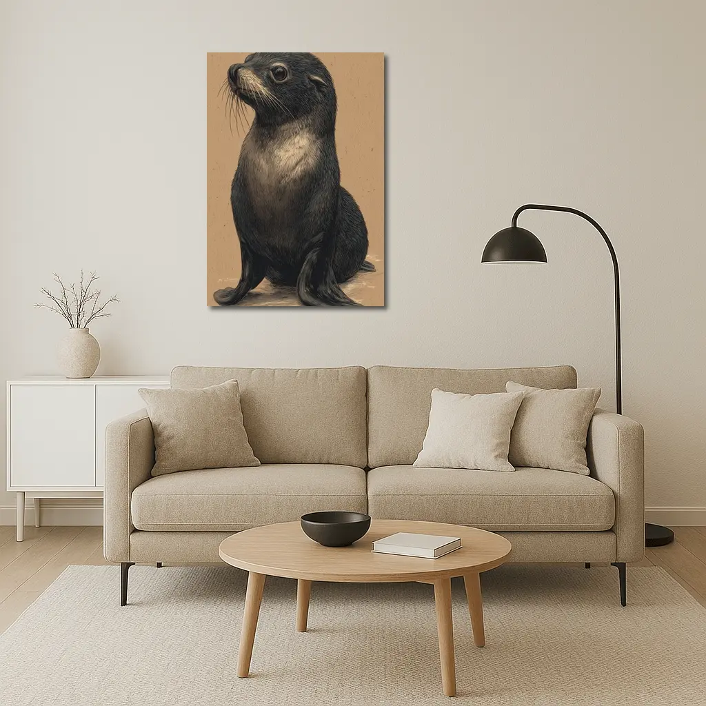 Young Fur Seal Sketch on Beige Background – Wall Art
