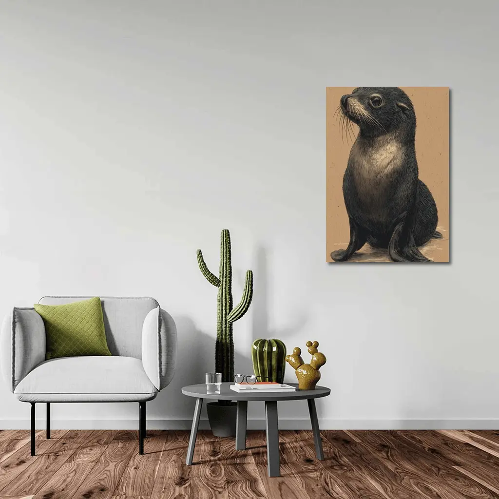 Young Fur Seal Sketch on Beige Background – Wall Art