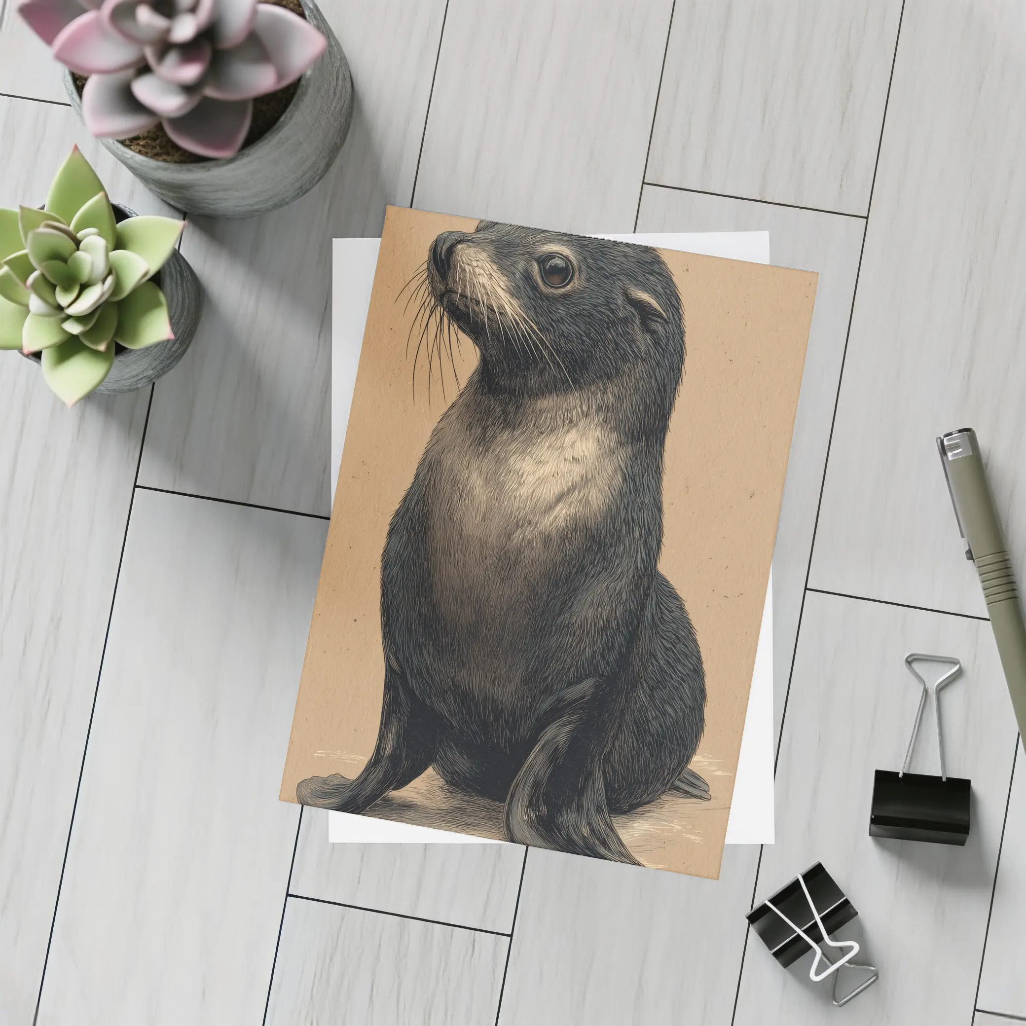 Young Fur Seal Sketch on Beige Background – Postcards