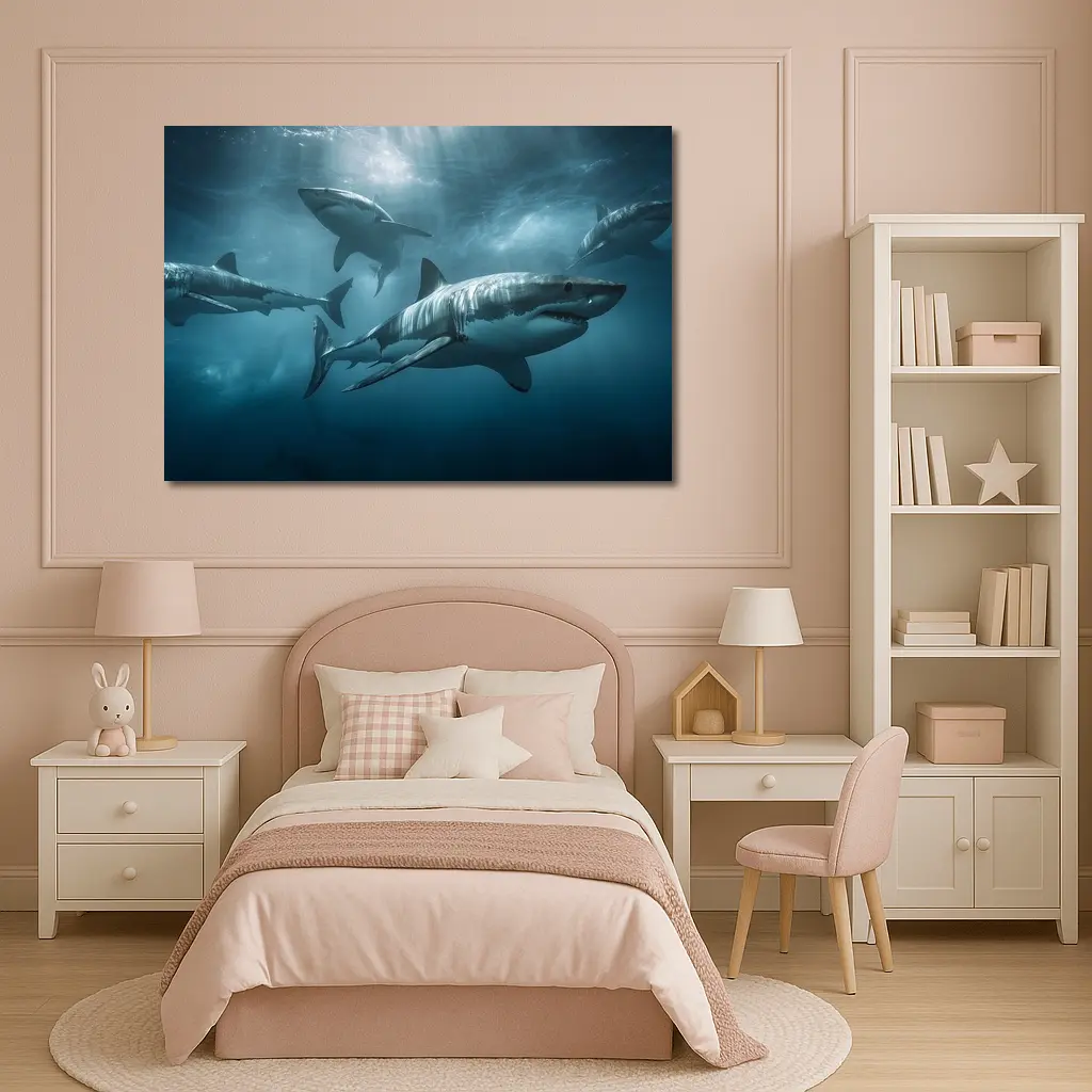 Great White Sharks Swimming Deep Blue Ocean – Wall Art