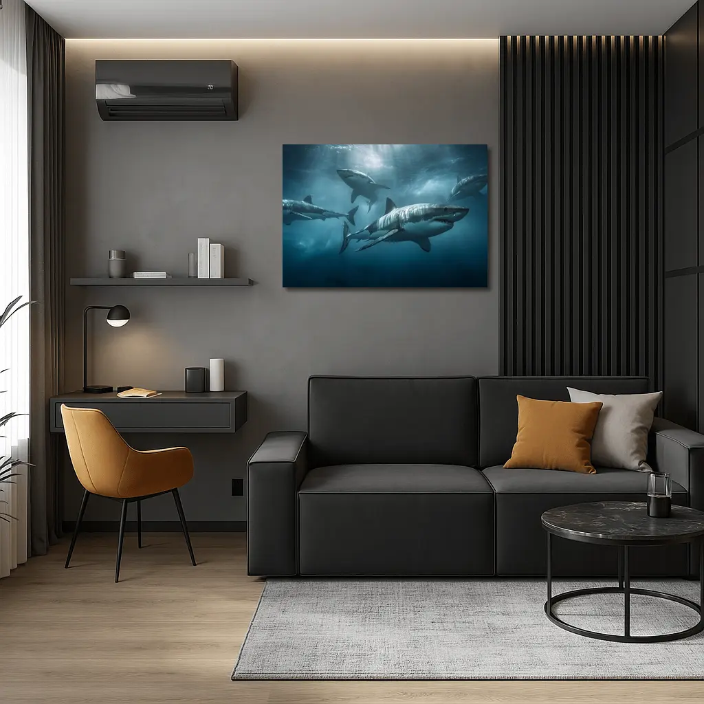 Great White Sharks Swimming Deep Blue Ocean – Wall Art