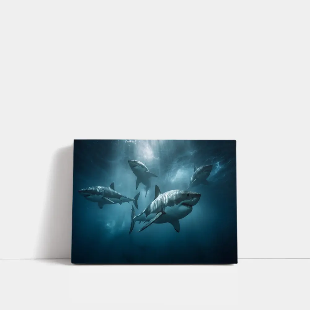 Great White Sharks Swimming Deep Blue Ocean – Wall Art