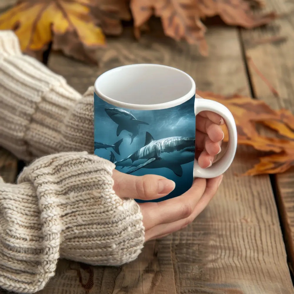 Great White Sharks Swimming Deep Blue Ocean – Mugs