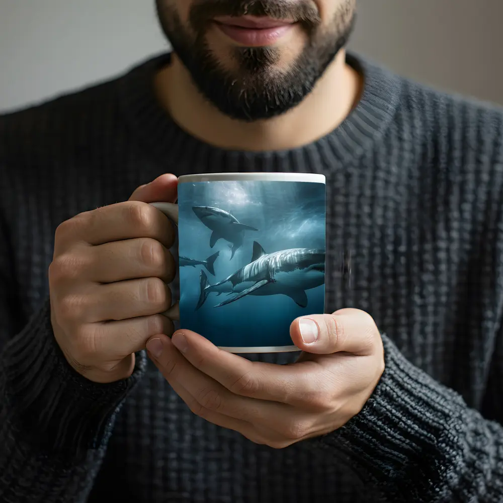 Great White Sharks Swimming Deep Blue Ocean – Mugs