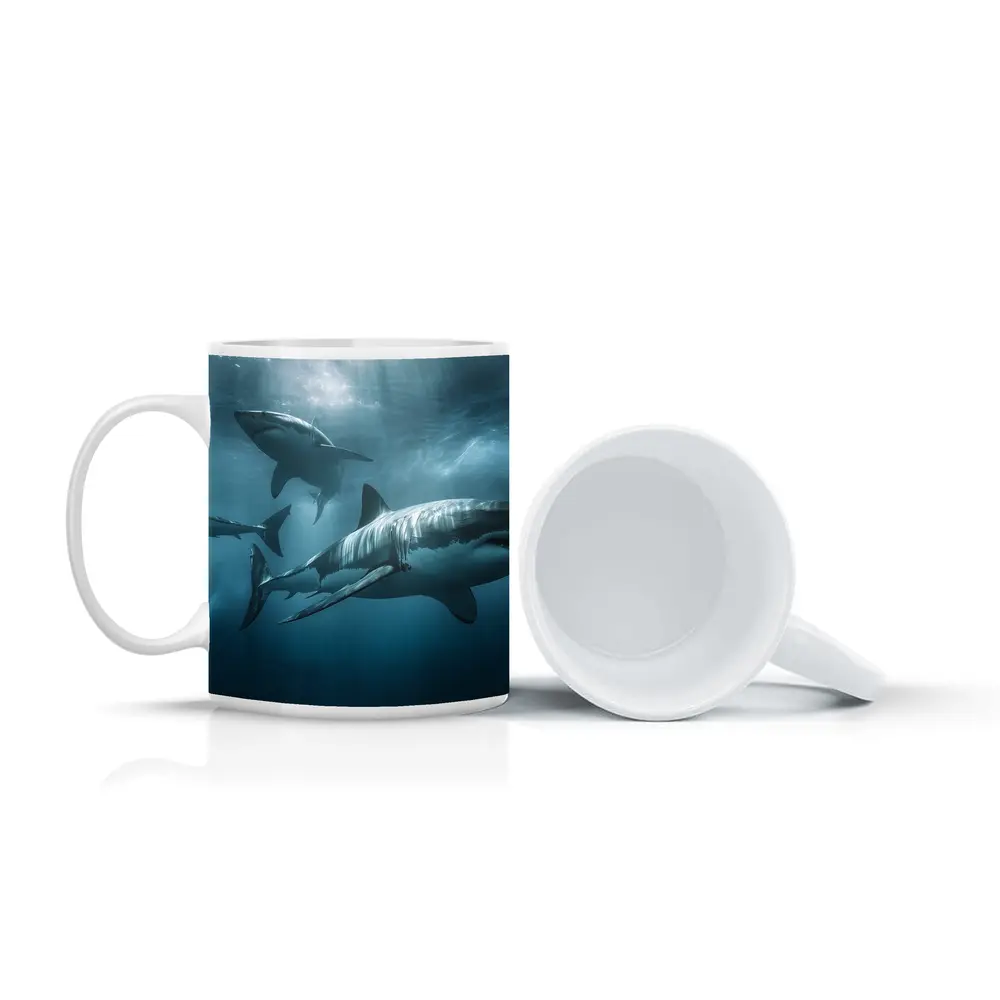Great White Sharks Swimming Deep Blue Ocean – Mugs