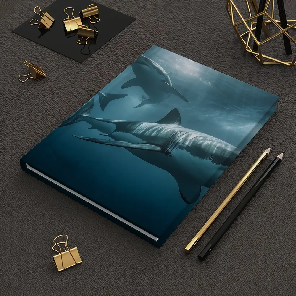 Great White Sharks Swimming Deep Blue Ocean – Notebooks