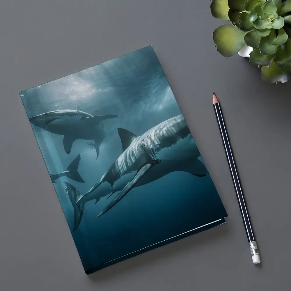 Great White Sharks Swimming Deep Blue Ocean – Notebooks