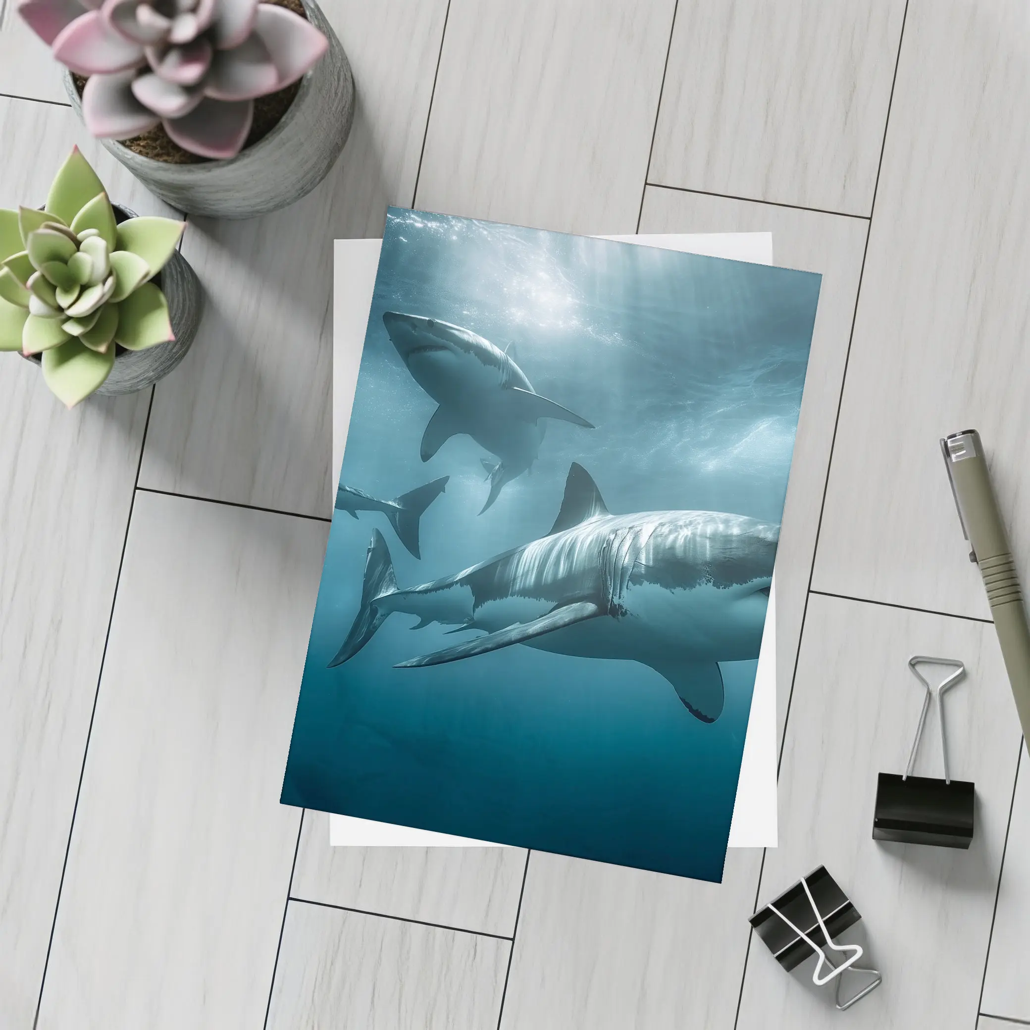 Great White Sharks Swimming Deep Blue Ocean – Postcards