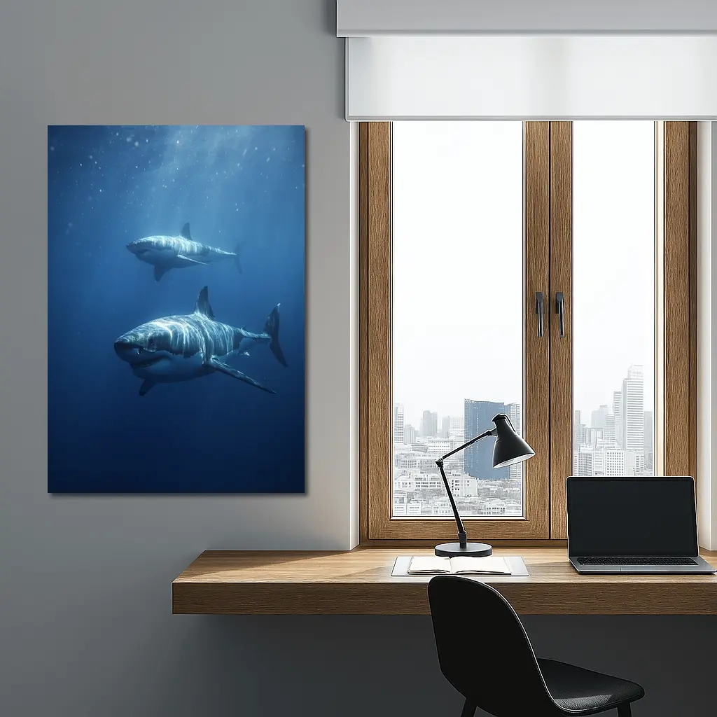 Two Great White Sharks Deep Blue Ocean – Wall Art